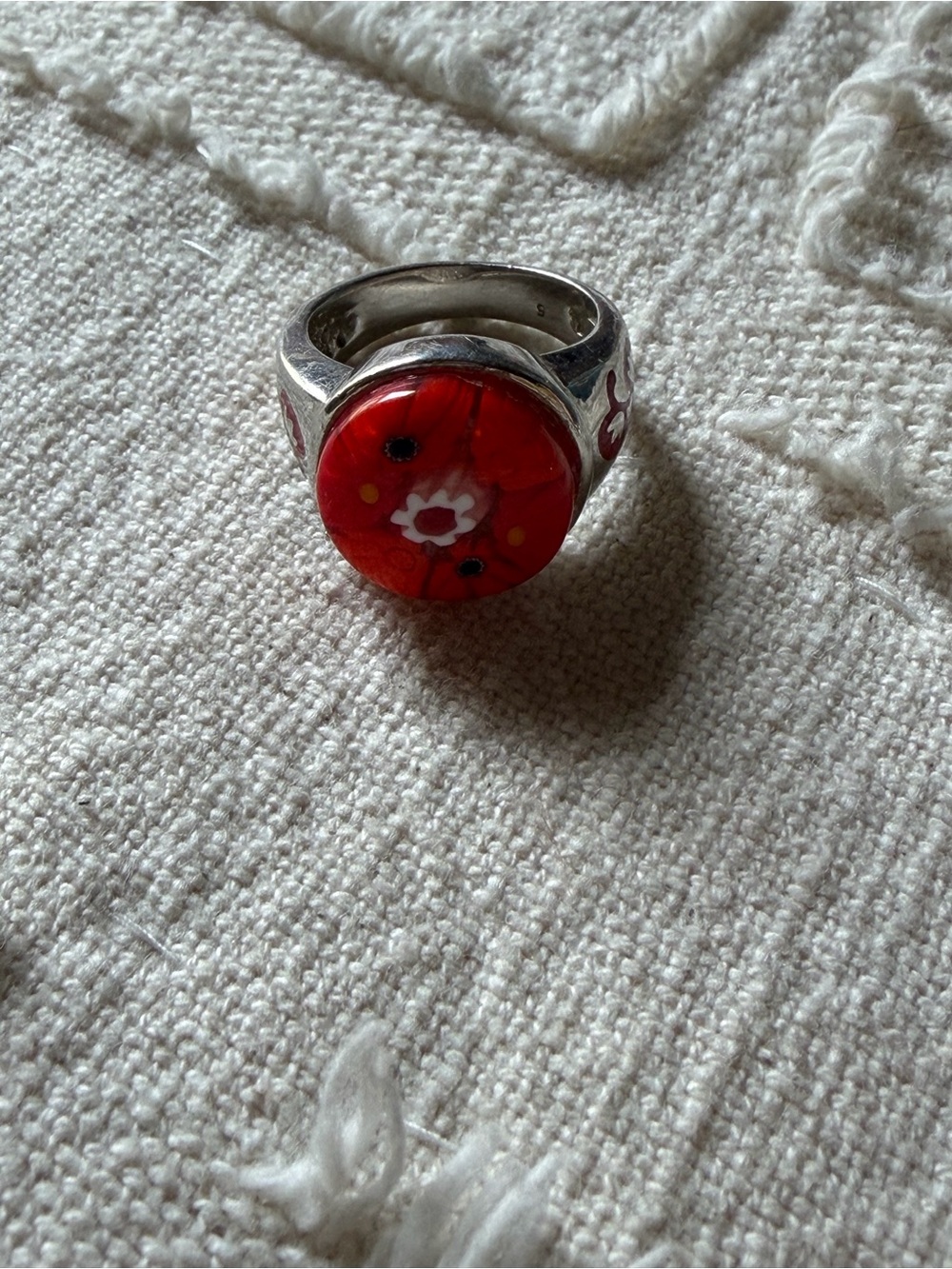 Red Floral Glass Cabochon Silver Ring